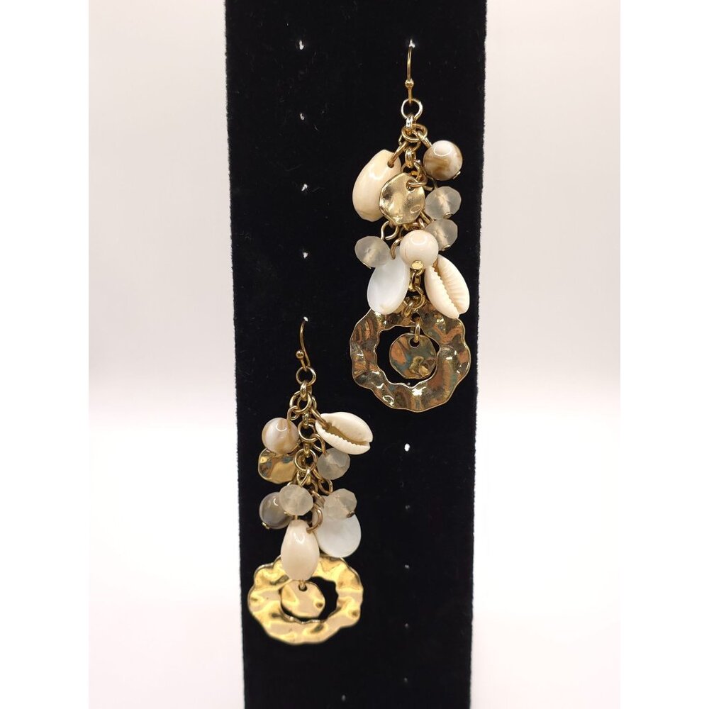Bohemian Style Gold Tone Seashell & Bead Dangle Earrings - Picture 5 of 8